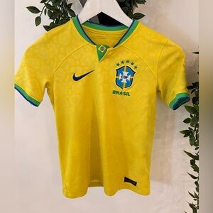 Nike Kids Brazil Yellow Soccer Jersey with Green & Blue Trim